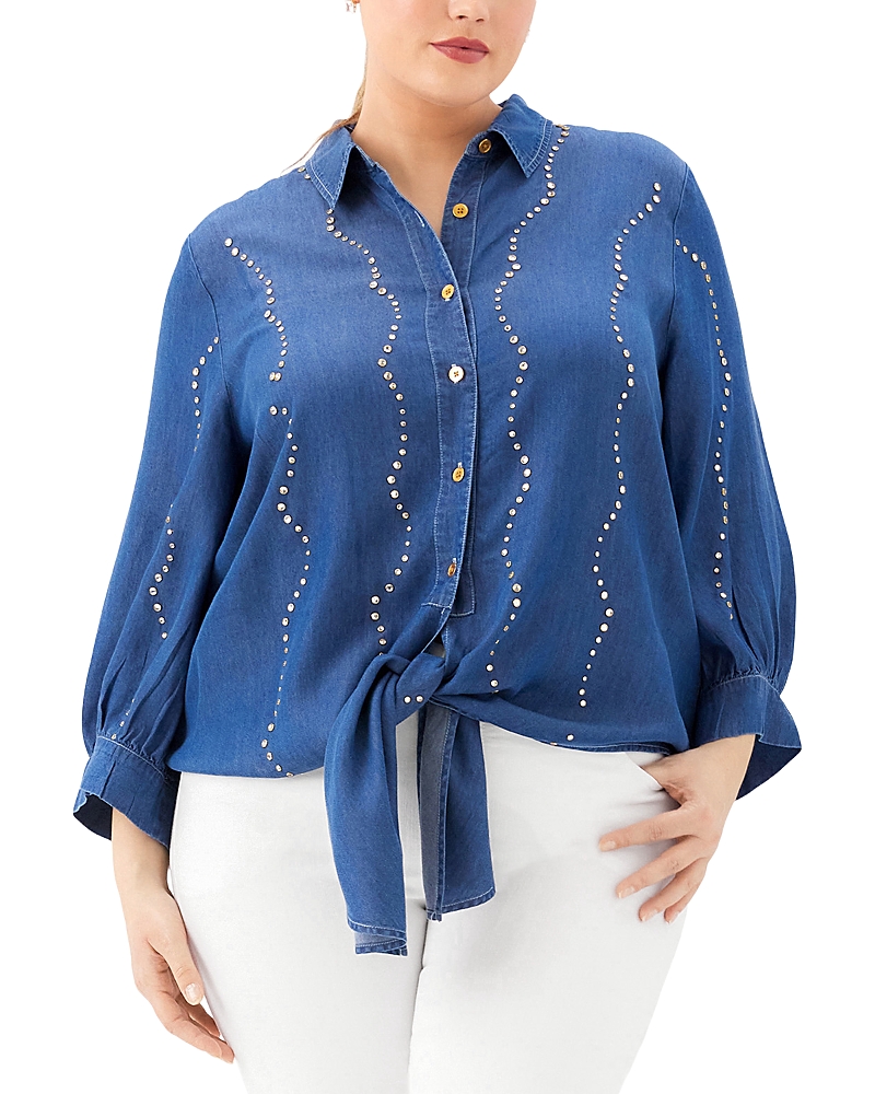 Karen Kane Plus Size Blouson Sleeve Gemstone Denim Shirt