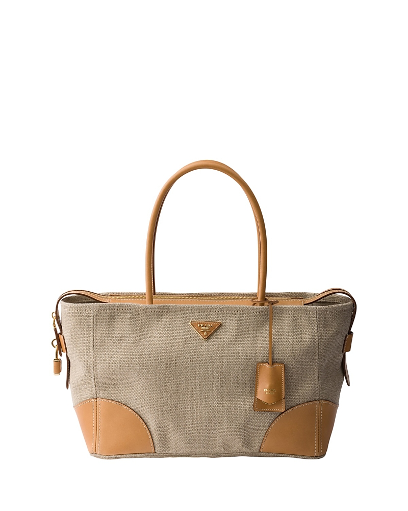 Prada Large Linen And Leather Tote Bag