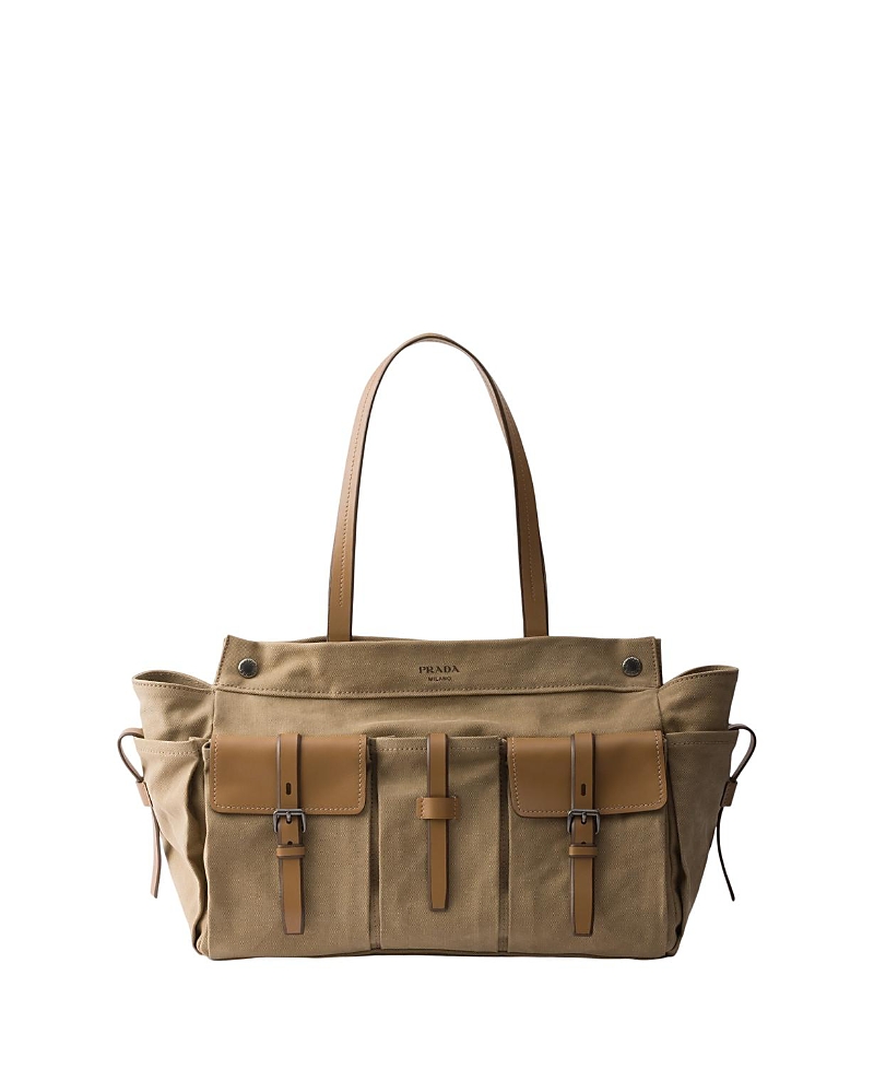 Prada Route Canvas And Leather Tote Bag