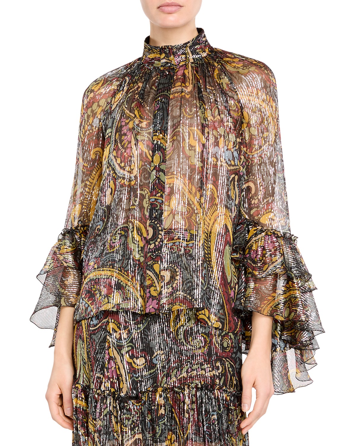 Etro Silk Blend Metallic Paisley Blouse in Printed Black