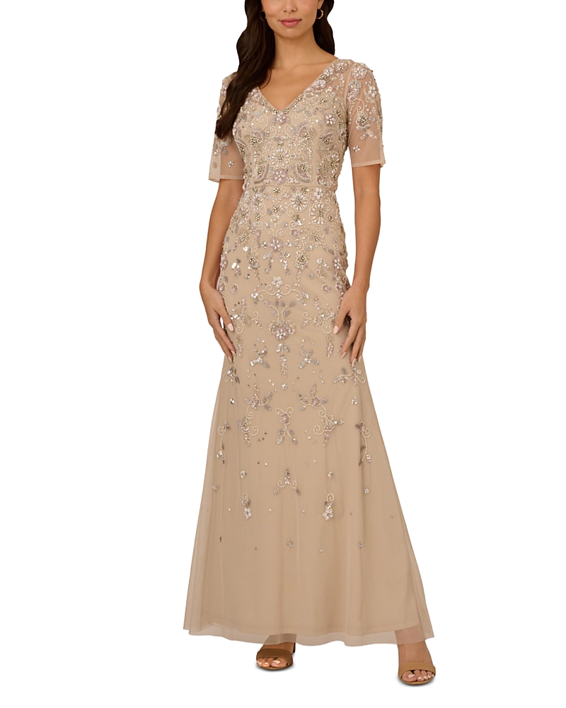 Adrianna Papell Beaded Mesh Long Dress