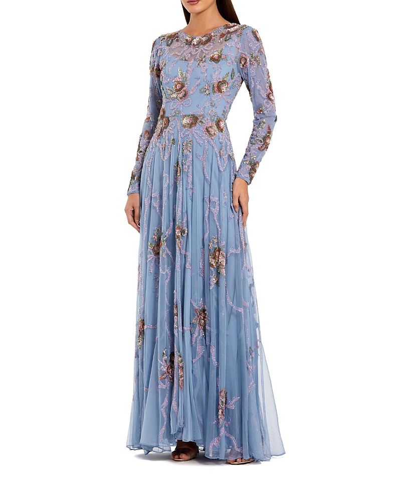 Mac Duggal Long Sleeve Embellished Floral A-Line Evening Gown