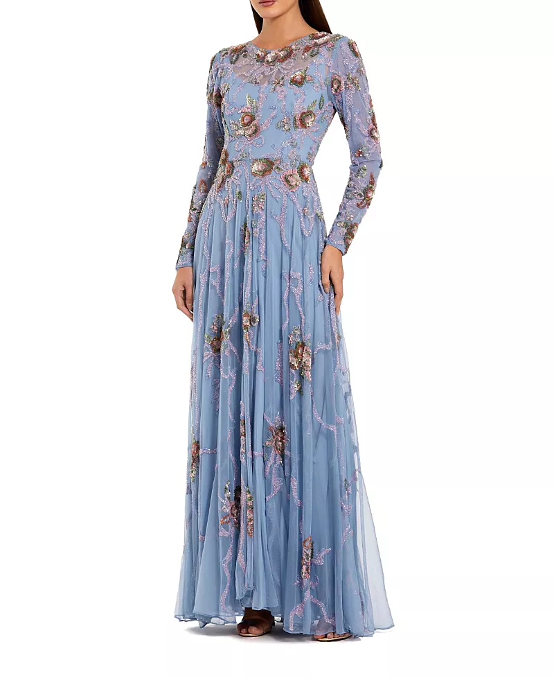 Mac Duggal Long Sleeve Embellished Floral A-Line Evening Gown