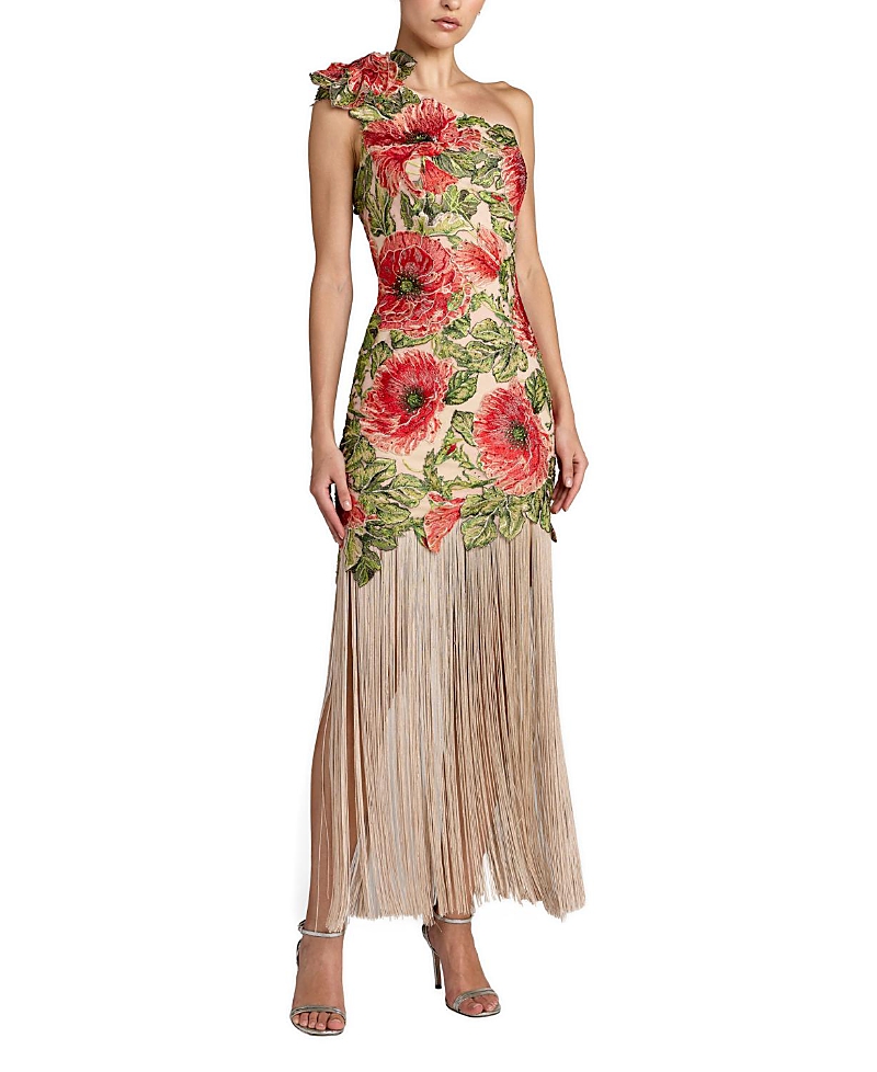 Mac Duggal Embroidered One Shoulder Dress With Fringe Hem