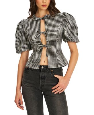  Qusayla Gingham Bubble Sleeve Bowtie Top