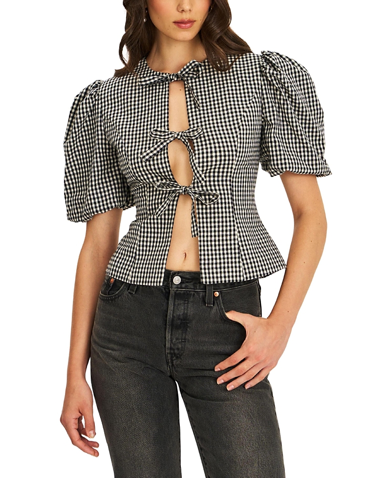 Miss Circle Qusayla Gingham Bubble Sleeve Bowtie Top