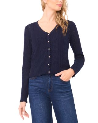 CeCe Pointelle V Neck Cardigan Sweater