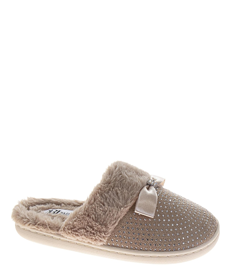 Badgley Mischka Women's Fluffy Rhinestone Bow Detail Slippers