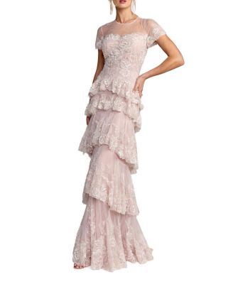 Mac Duggal Short Sleeve Tiered Mesh Gown With Embellishments