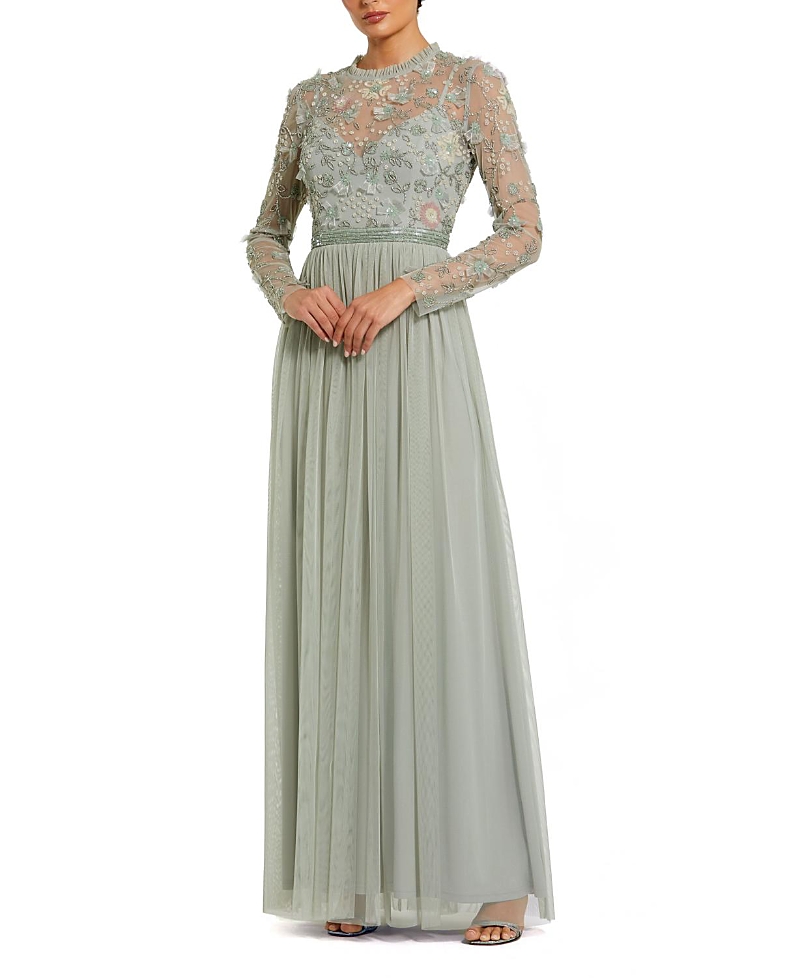 Mac Duggal Embellished Illusion High Neck Long Sleeve Gown