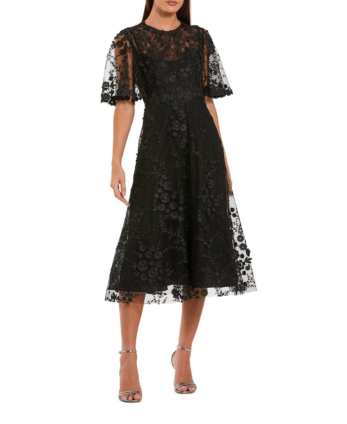 Mac Duggal Flutter Sleeve Floral Embroidered Midi Dress