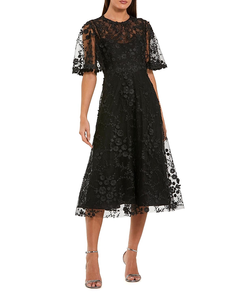 Mac Duggal Flutter Sleeve Floral Embroidered Midi Dress