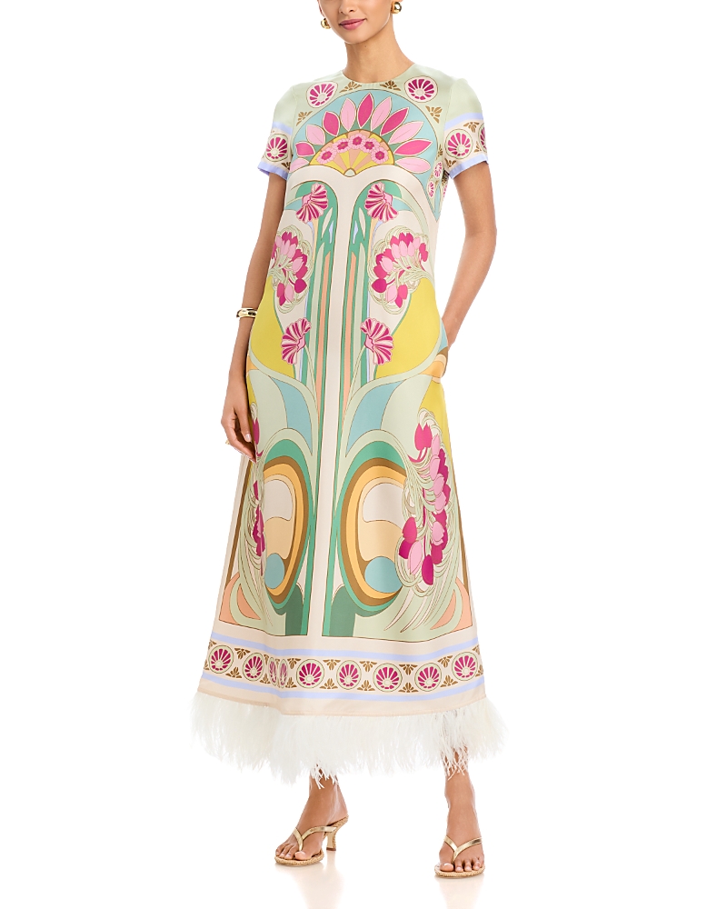 La Doublej Silk Feather Trim Swing Dress In Gold