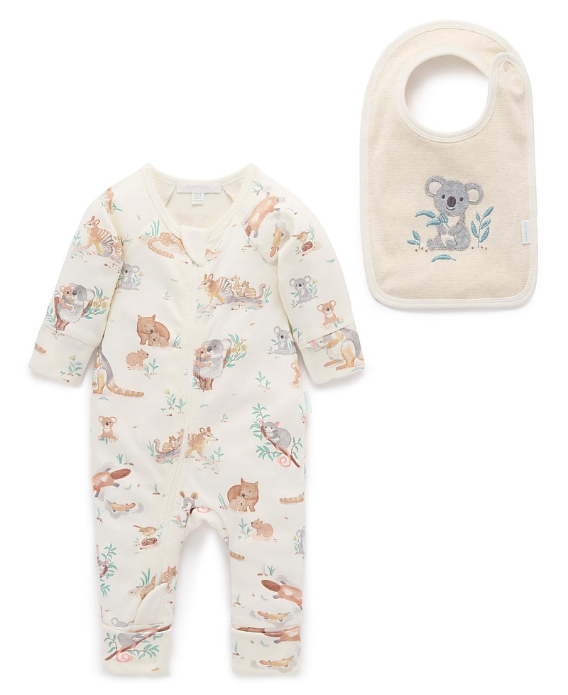 Purebaby Boys' Australiana Animals Zip Romper & Bib Set - Baby