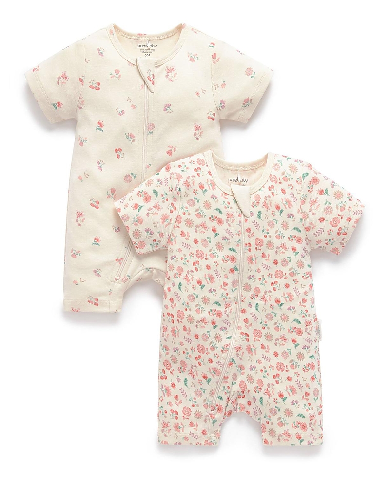 Purebaby Girls' 2 Pack Short Sleeve Zip Romper Floral - Baby