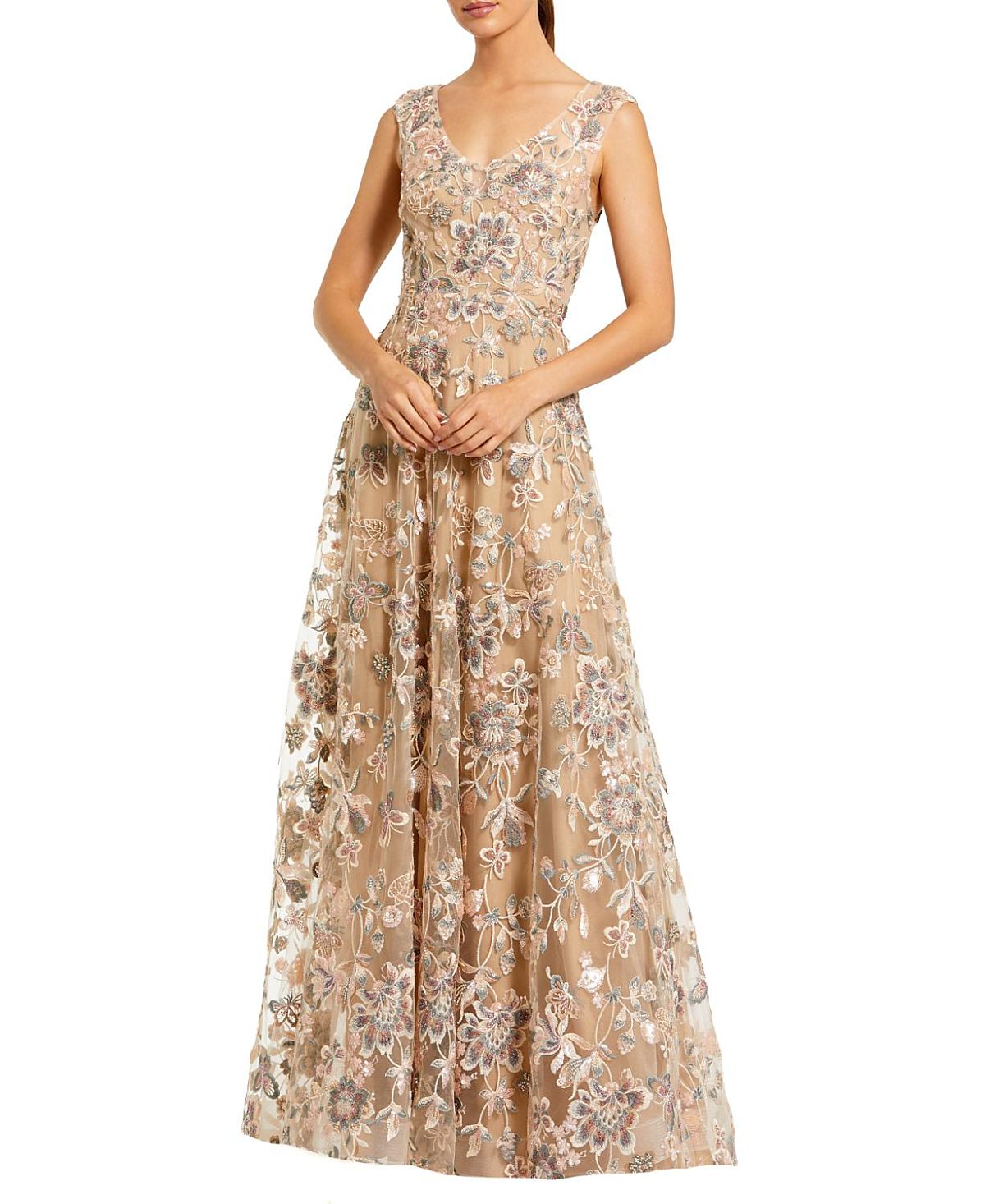 Mac Duggal Floral Embroidered Sleeveless V Neck Gown