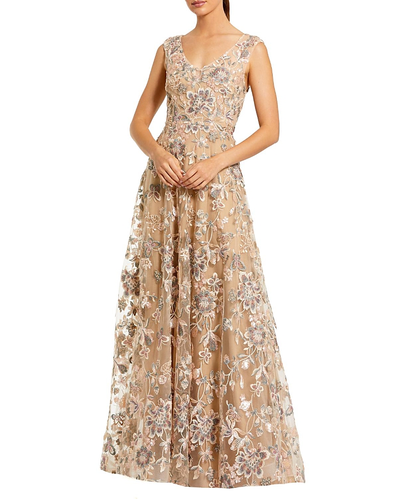 Mac Duggal Floral Embroidered Sleeveless V Neck Gown