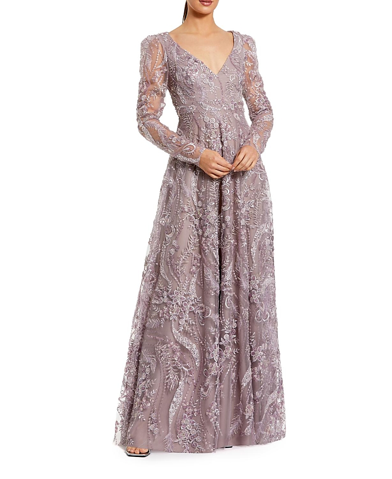 Mac Duggal Floral Embroidered V Neck Long Sleeve Gown