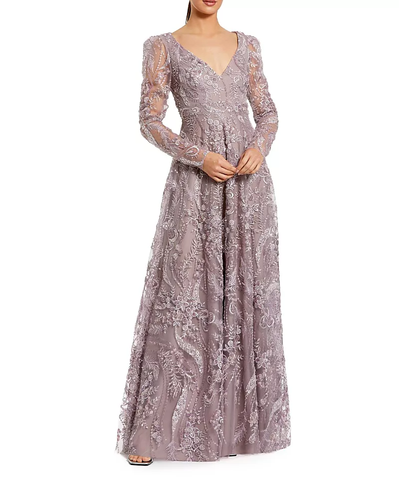 Mac Duggal Floral Embroidered V Neck Long Sleeve Gown