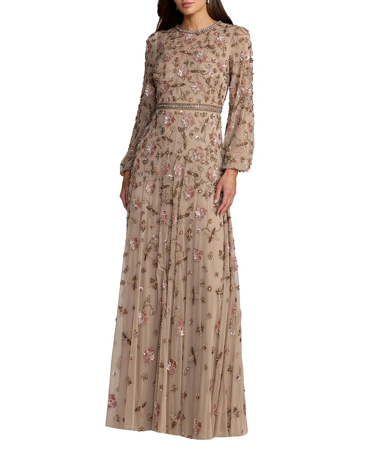 Mac Duggal Sequin Mesh Blouson Long Sleeve A Line Gown