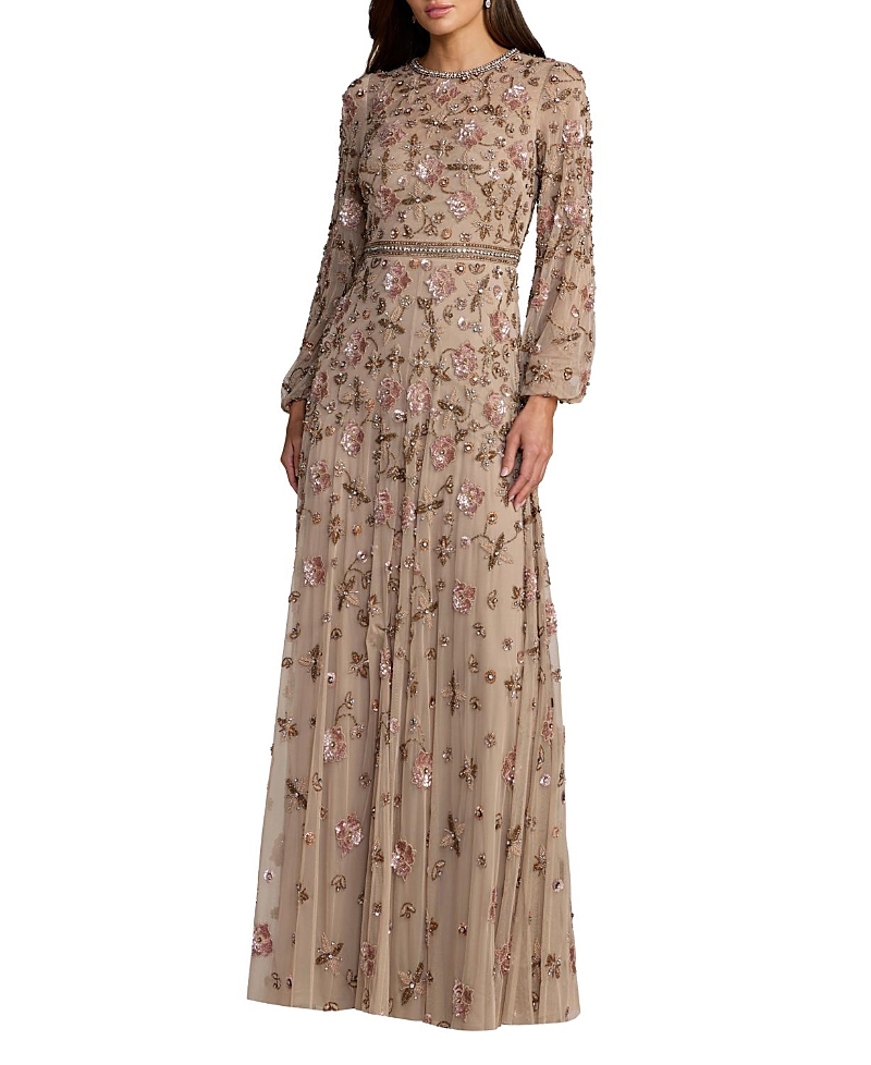 Mac Duggal Sequin Mesh Blouson Long Sleeve A Line Gown
