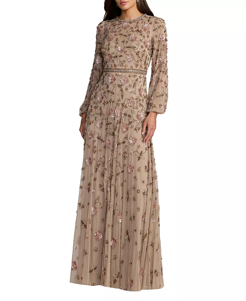 Mac Duggal Sequin Mesh Blouson Long Sleeve A Line Gown
