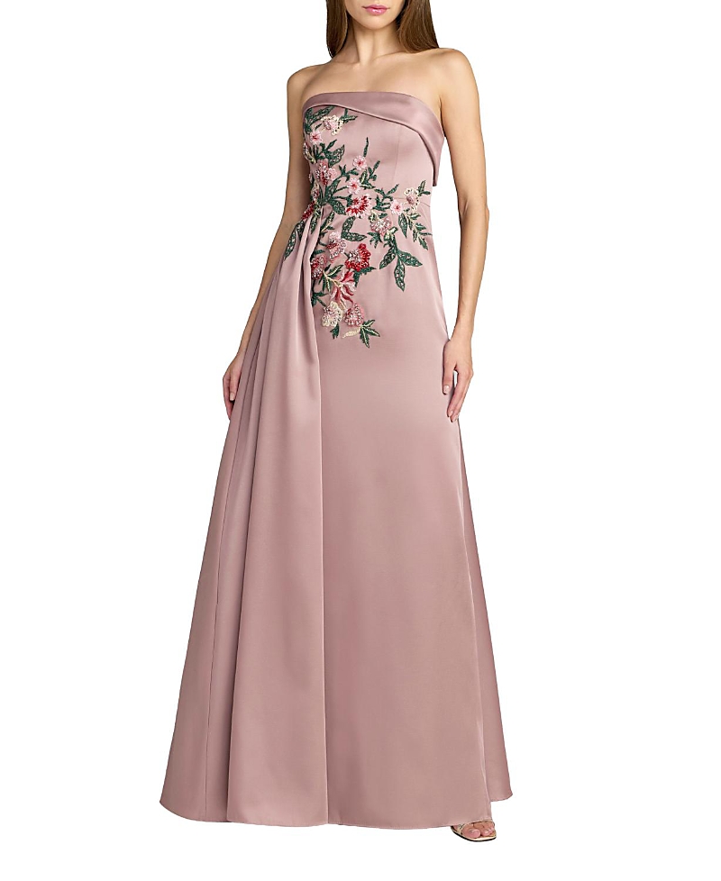 Mac Duggal Satin Strapless Beaded Floral Gown With Float