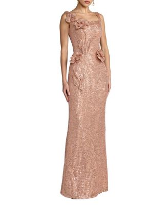 Sleeveless Sequin Column Gown With 3D Flowers