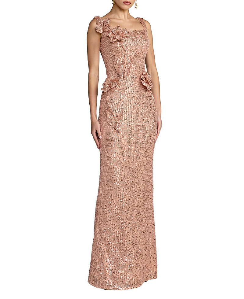 Mac Duggal Sleeveless Sequin Column Gown With 3D Flowers