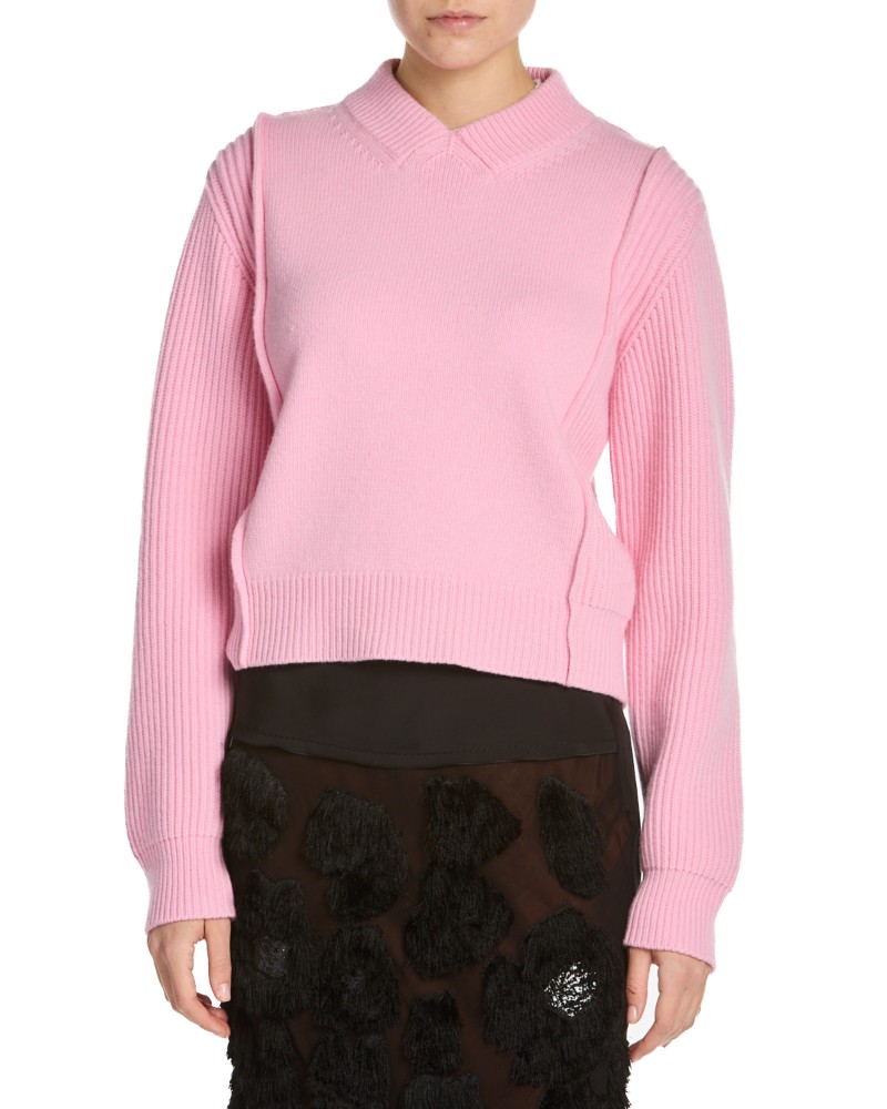 Marni Wool Cashmere V Neck Sweater in Pink Clematis