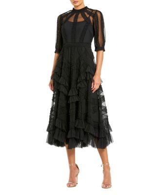 Mac Duggal Petite High Illusion Neck Ruffle Tiered A-Line Midi Dress