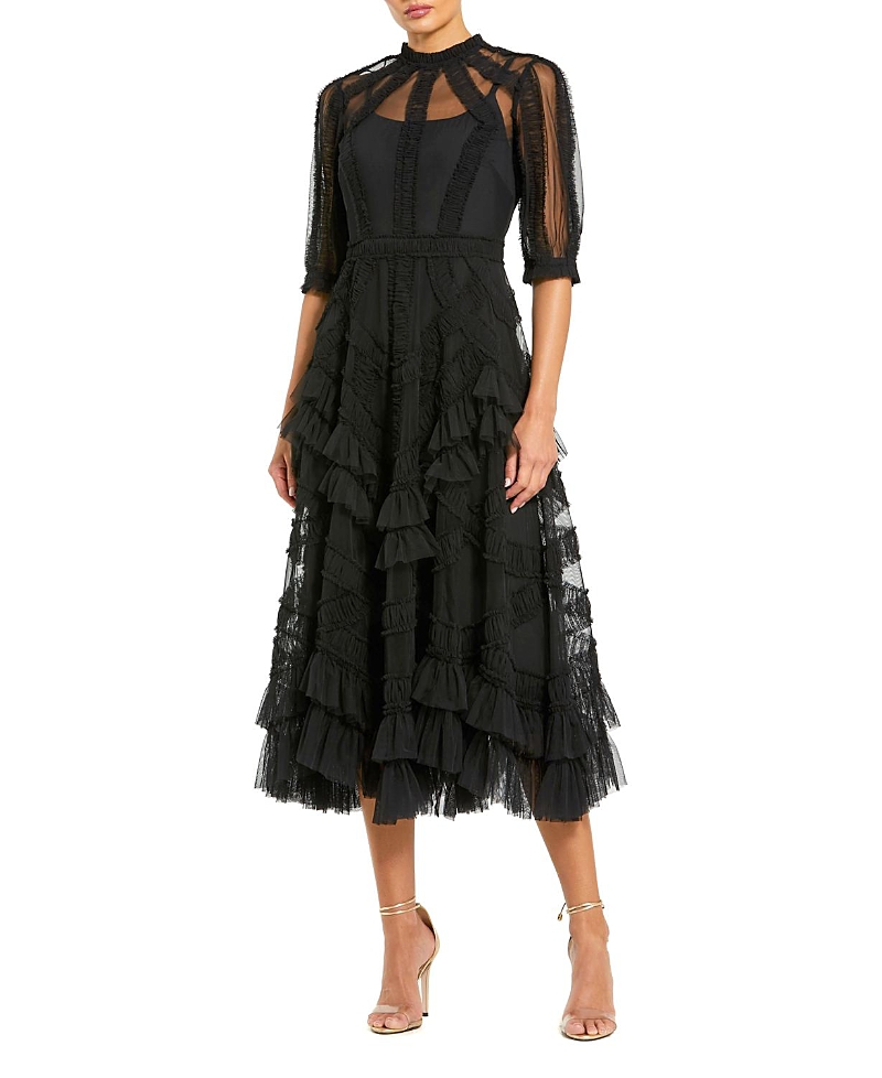 Mac Duggal Petite High Illusion Neck Ruffle Tiered A-Line Midi Dress