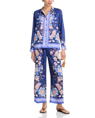 Scarf Button Front Shirt & Scarf Wide Leg Drawstring Pants - Exclusive