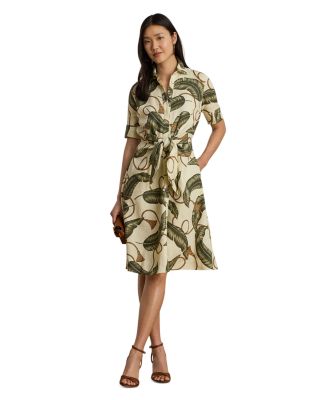 Rope Print Tie Front Linen Shirtdress