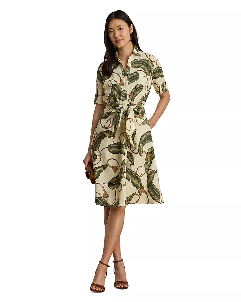 Lauren Ralph Lauren Rope Print Tie Front Linen Shirtdress