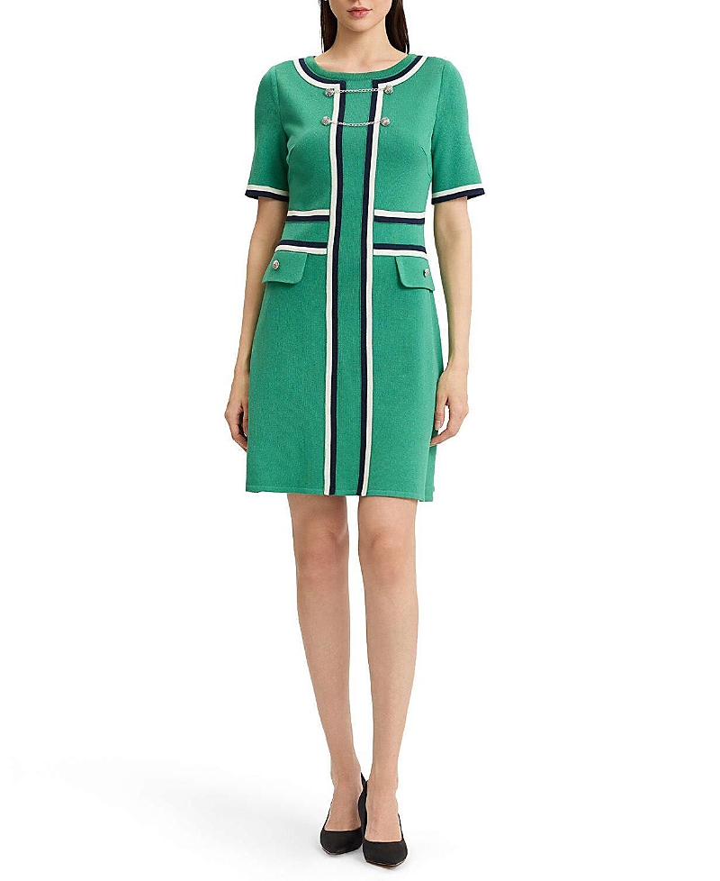 Ming Wang Button Detail Contrast Trim Soft Knit Dress