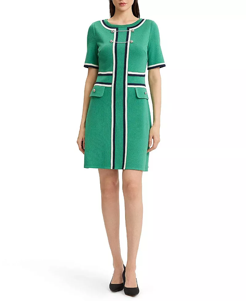 Ming Wang Button Detail Contrast Trim Soft Knit Dress