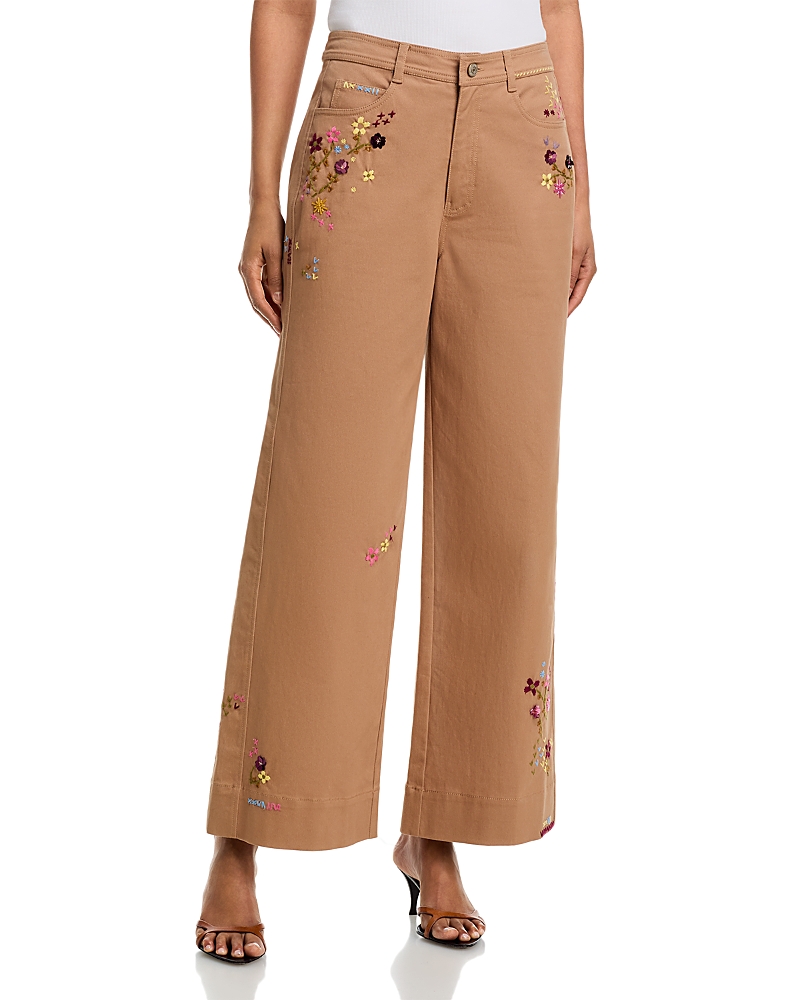 Cinq a Sept Wildflower High Rise Embroidered Betsy Straight Jeans Brown in Sandstone