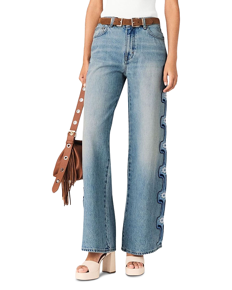 Maje Pintbrode Floral Embroidered Wide Leg Jeans in Blue