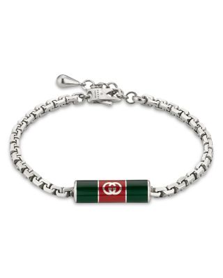 Sterling Silver Gucci Web Red & Green Enamel Logo Cylindrical Box Link Bracelet