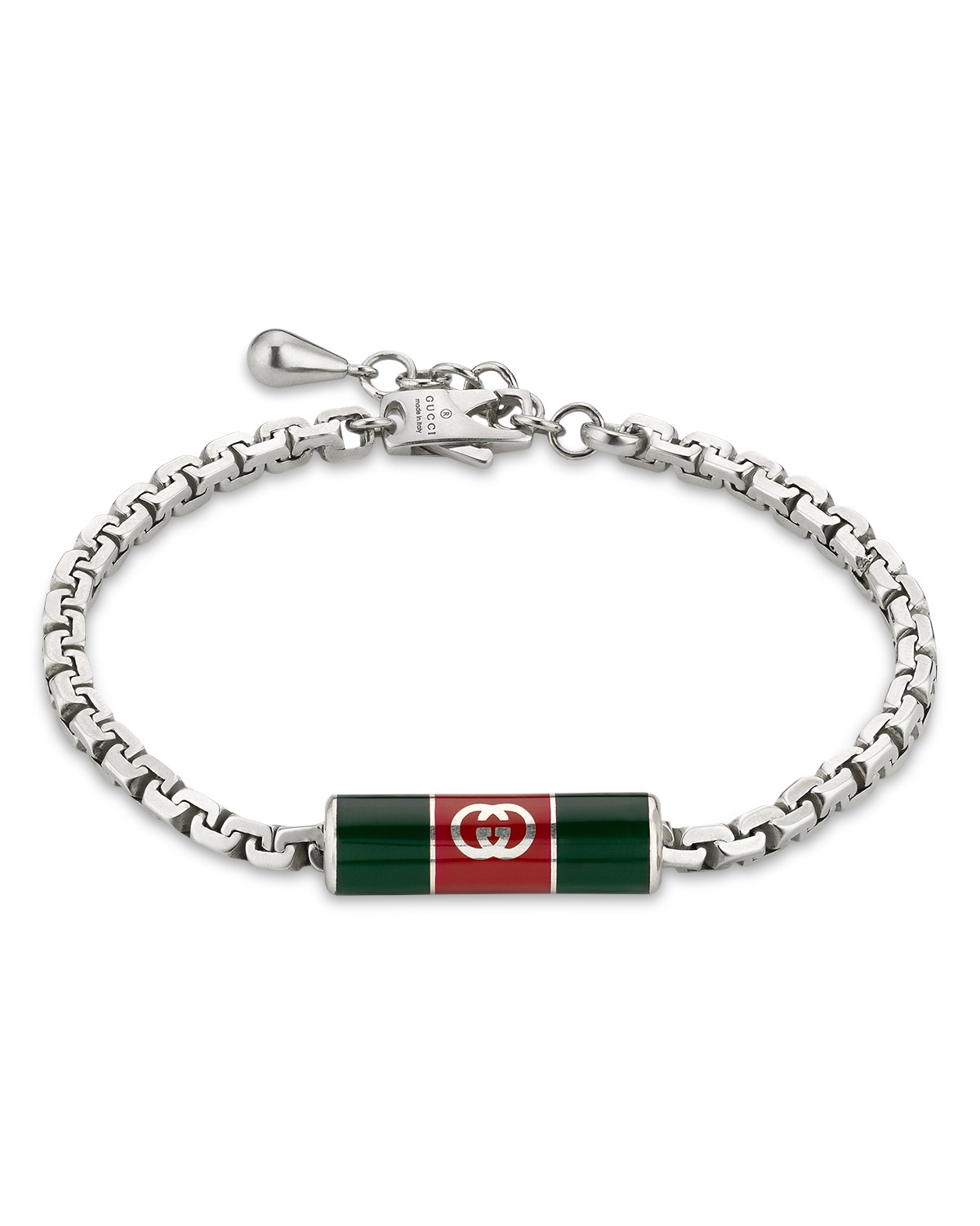Sterling Silver Gucci Web Red & Green Enamel Logo Cylindrical Box Link Bracelet