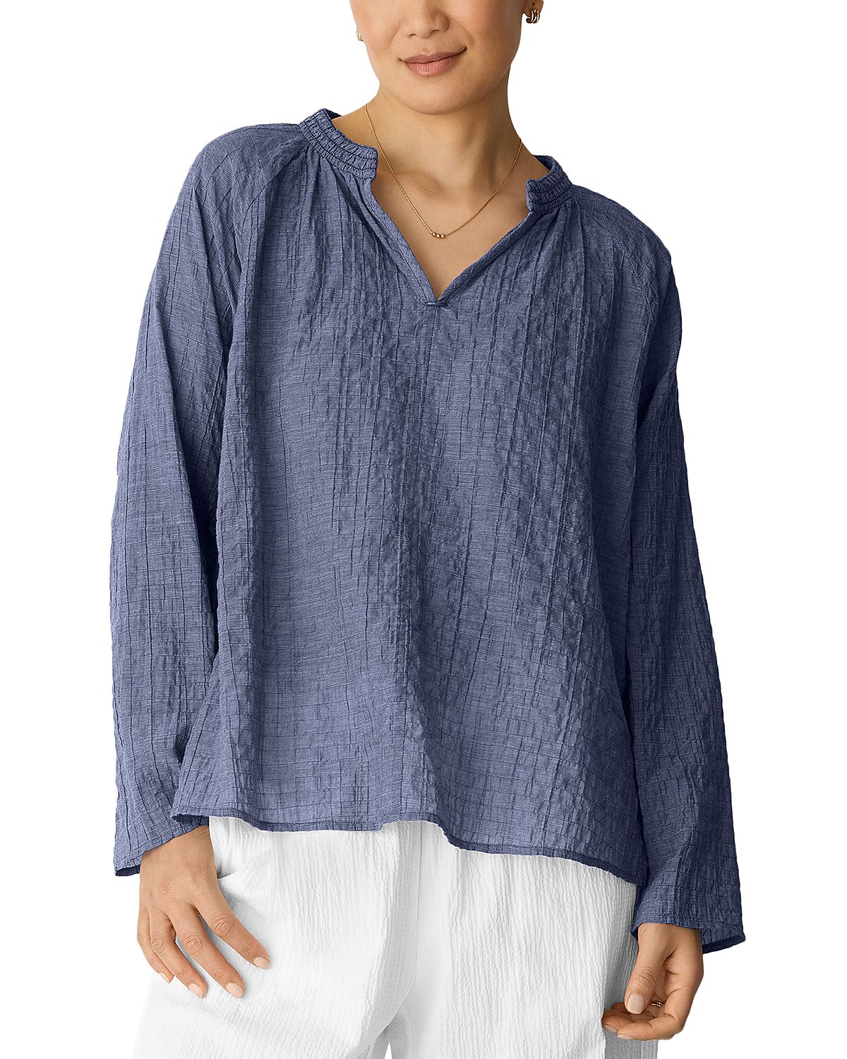 Eileen Fisher Cotton Microstripe Pucker Raglan Sleeve Top