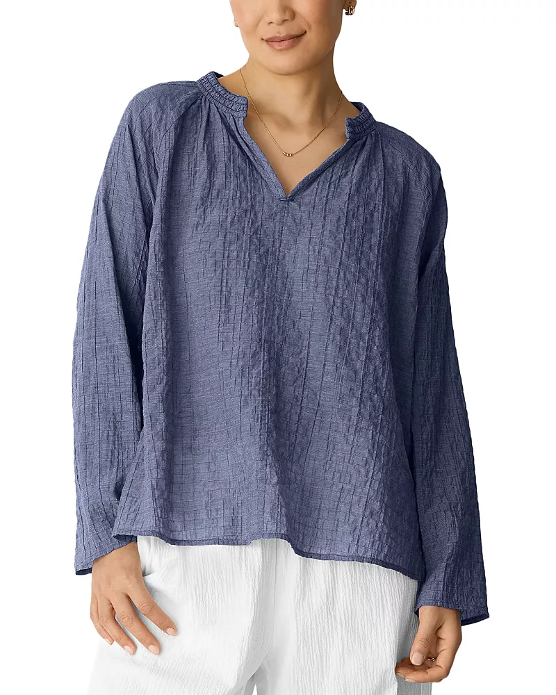 Eileen Fisher Cotton Microstripe Pucker Raglan Sleeve Top