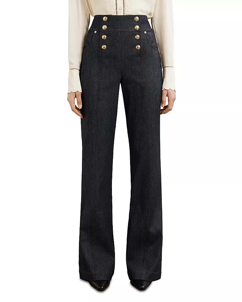 Reiss Petites Skylar Button Detail Flared Jeans in Dark Blue