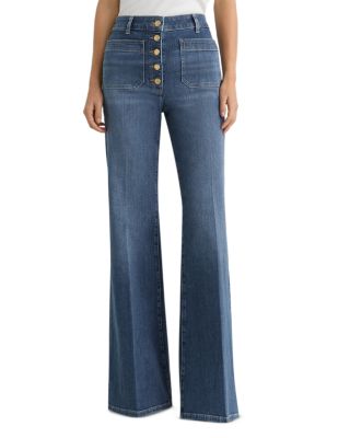 Petites Cali Mid Rise Flare Leg Jeans in Mid Blue