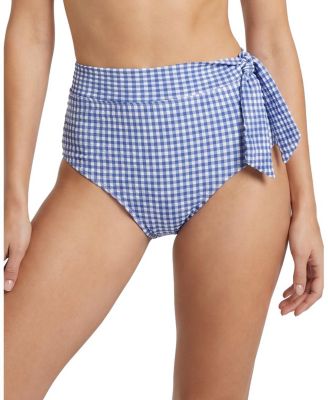  Side Tie High Waist Gingham Bikini Bottom with Full Coverage