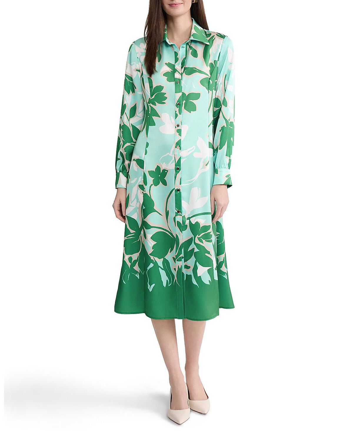 Ming Wang Floral Printed Crepe De Chine Maxi Shirt Dress
