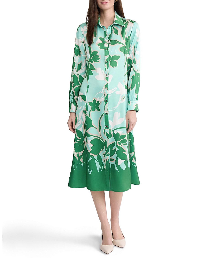 Ming Wang Floral Printed Crepe De Chine Maxi Shirt Dress