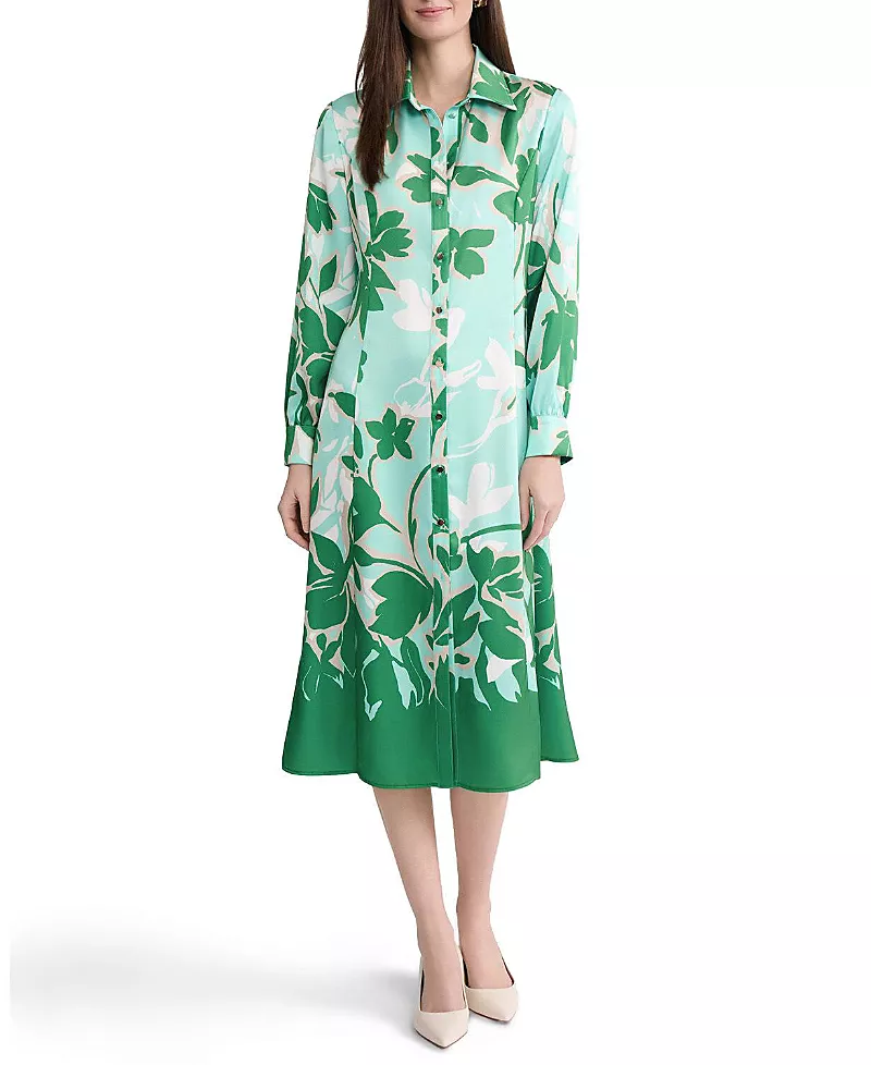 Ming Wang Floral Printed Crepe De Chine Maxi Shirt Dress