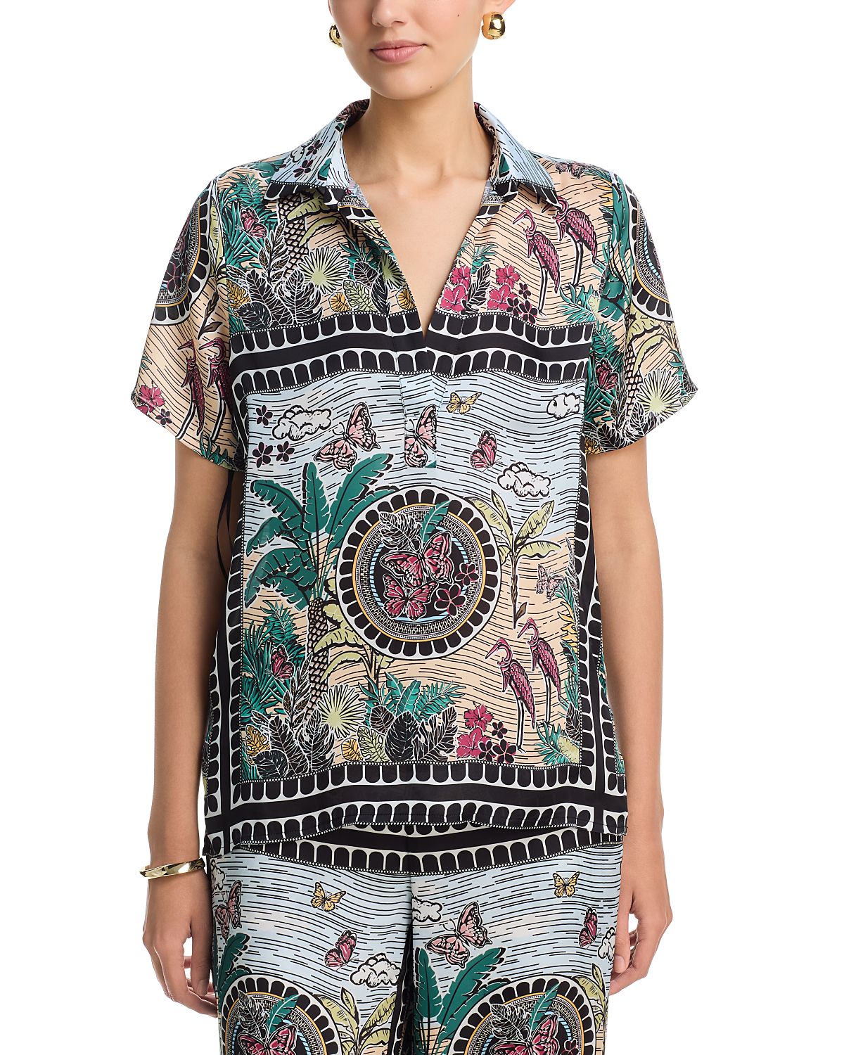 T Tahari Short Sleeve Split Collar Blouse